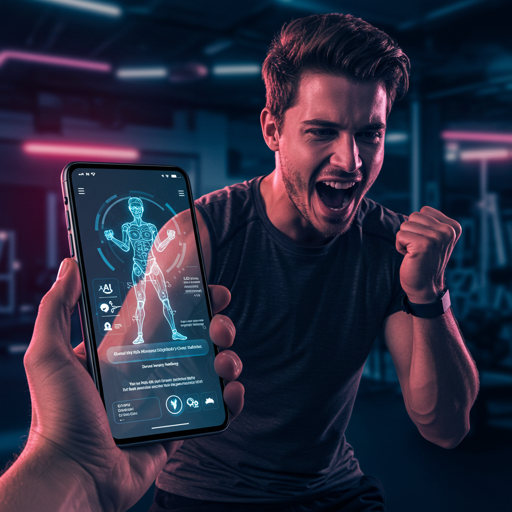 Man using AI fitness app with virtual trainer hologram projection in modern gym space, showcasing personalized digital training technology
