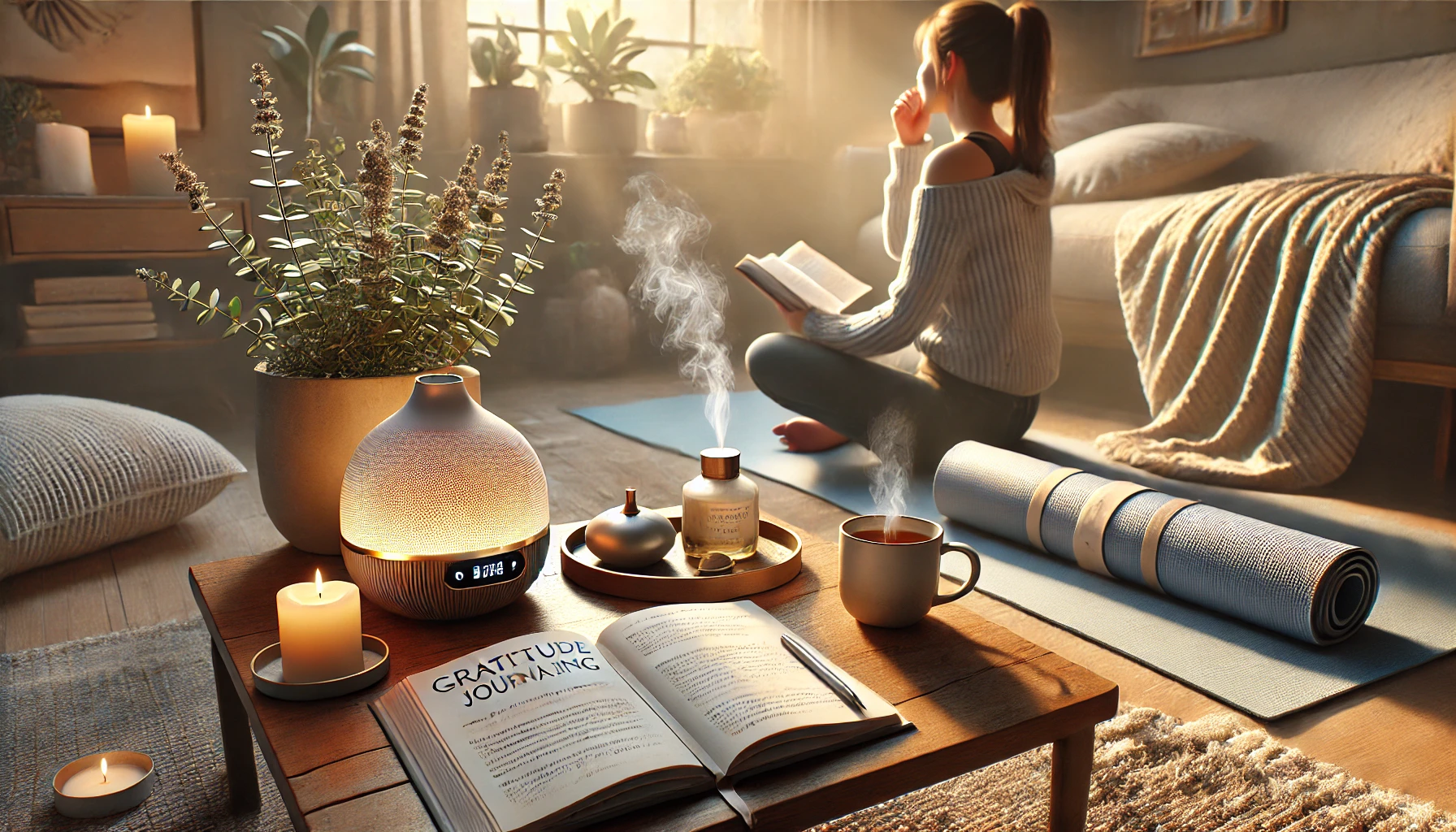 A cozy mindfulness corner with a gratitude journal, a steaming cup of tea, and a glowing aromatherapy diffuser on a wooden table. In the background, a woman sits on a yoga mat, reading a book while bathed in warm sunlight. The room is decorated with plants, candles, and soft textiles, creating a serene and relaxing atmosphere