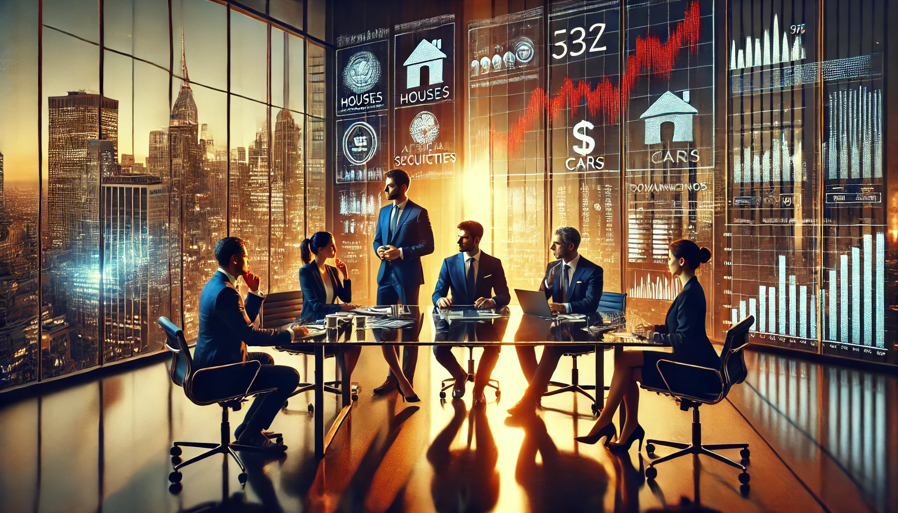 Diverse investors analyze falling asset-backed securities charts in a modern office, signaling financial crisis risk