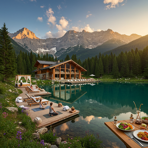 Luxurious wellness retreat with infinity pool overlooking mountain landscape, people practicing yoga and enjoying spa treatments in North America