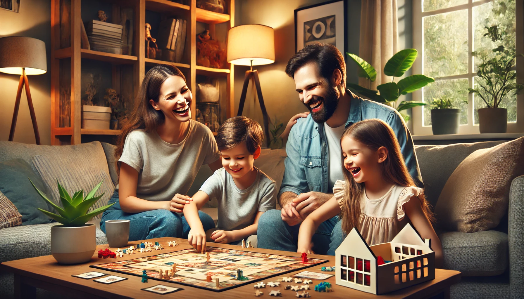 Happy family playing a board game at home, strengthening bonds and enjoying quality time. Balance between leisure and well-being
