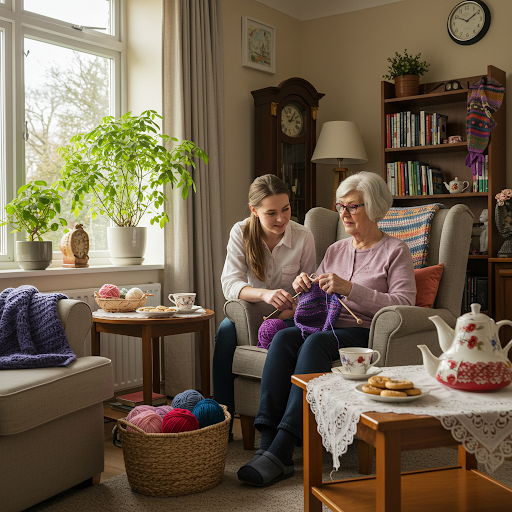 Elderly woman knitting peacefully by window, teaching young adult granddaughter traditional hobby skills for mental wellness