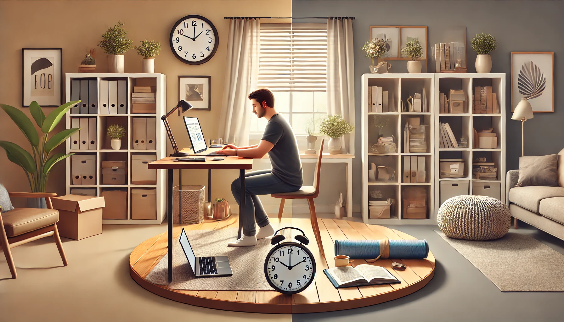 Man balancing work and personal life in a split home office setup, with one side dedicated to productivity and the other to relaxation and self-care
