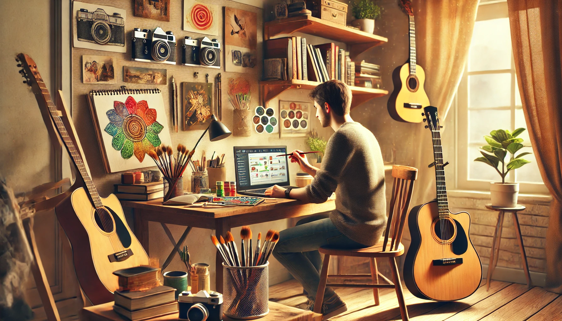A creative workspace filled with art supplies, guitars, and vintage cameras. A young man sits at a wooden desk, using a laptop while holding a paintbrush. The warm sunlight filters through the window, highlighting the cozy and artistic atmosphere, with shelves of books, paintings, and photography equipment surrounding him