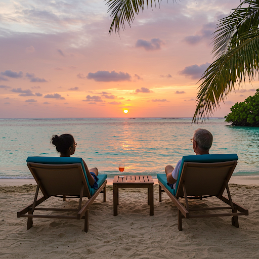 Person relaxing on a tropical beach at sunset, embracing the art of hurkle-durkling and a stress-free, rest-focused getaway