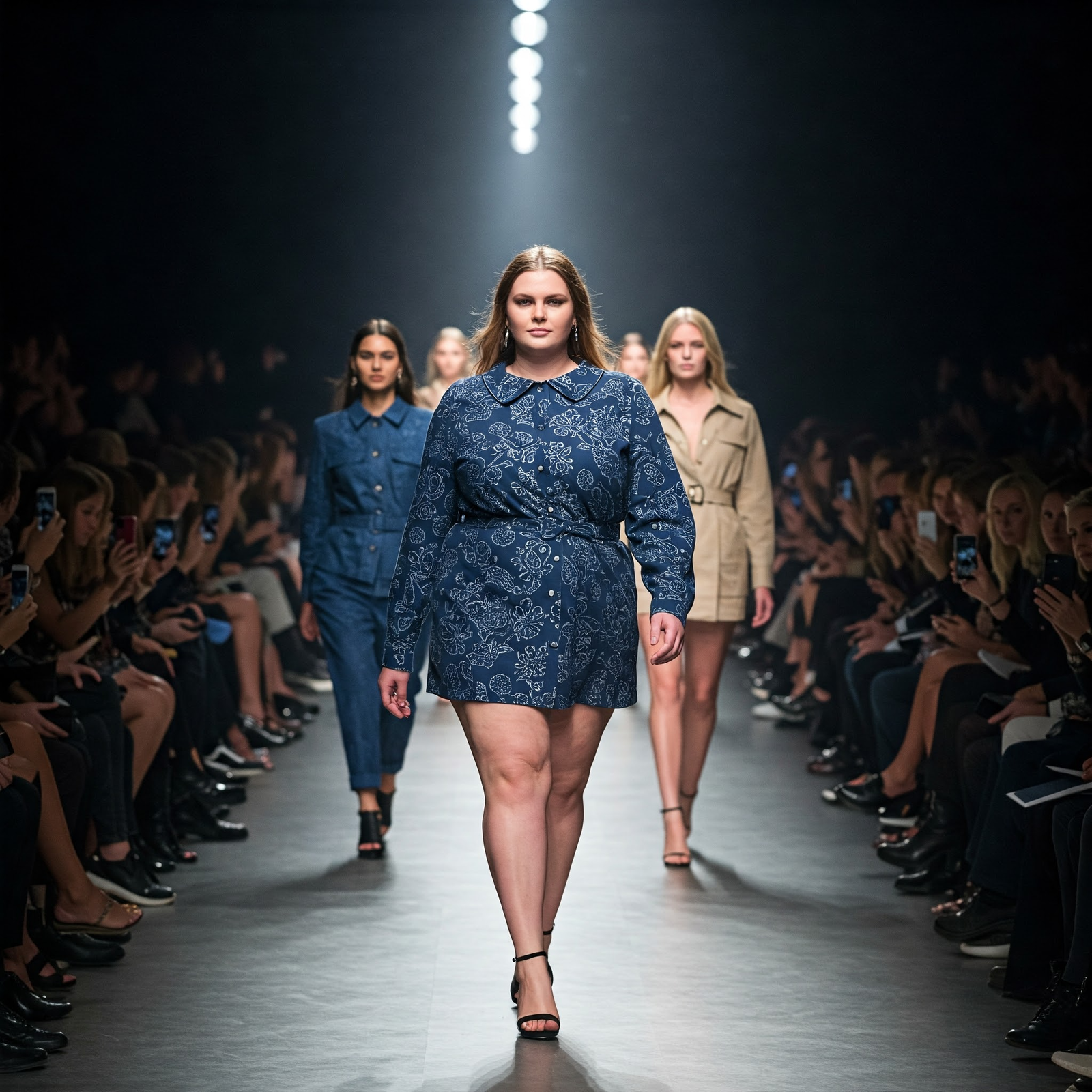 Diverse fashion runway with plus-size and mid-size models highlighting size inclusivity challenges in the industry