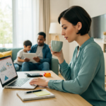 Young woman managing her finances at home with a laptop, notebook, and calculator, planning a 2025 budget strategy.