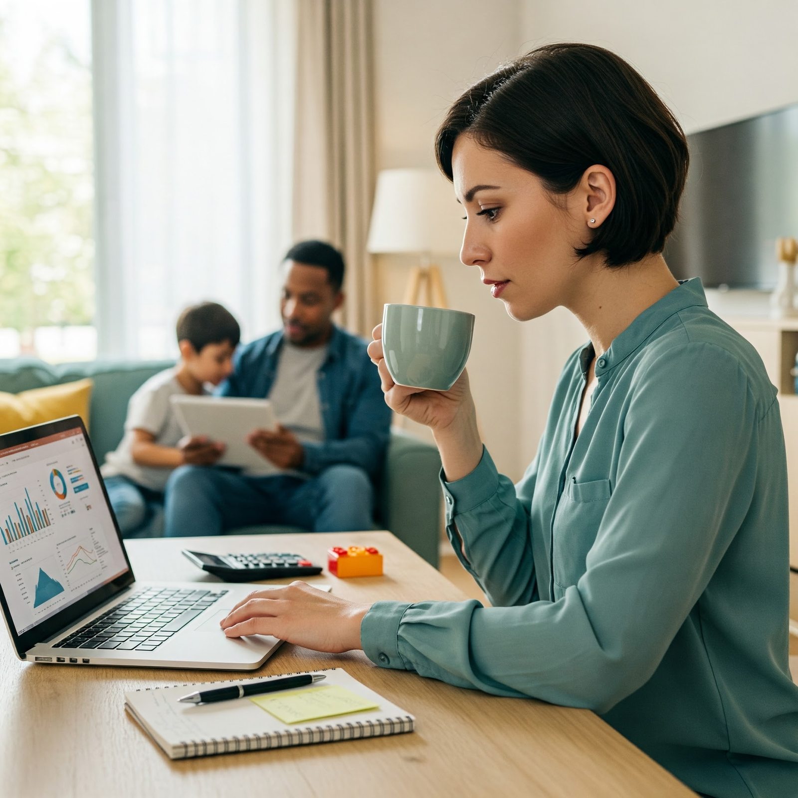 Young woman managing her finances at home with a laptop, notebook, and calculator, planning a 2025 budget strategy.