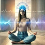 A young woman meditating with floating brainwave patterns around her head, symbolizing the effects of meditation on mental health