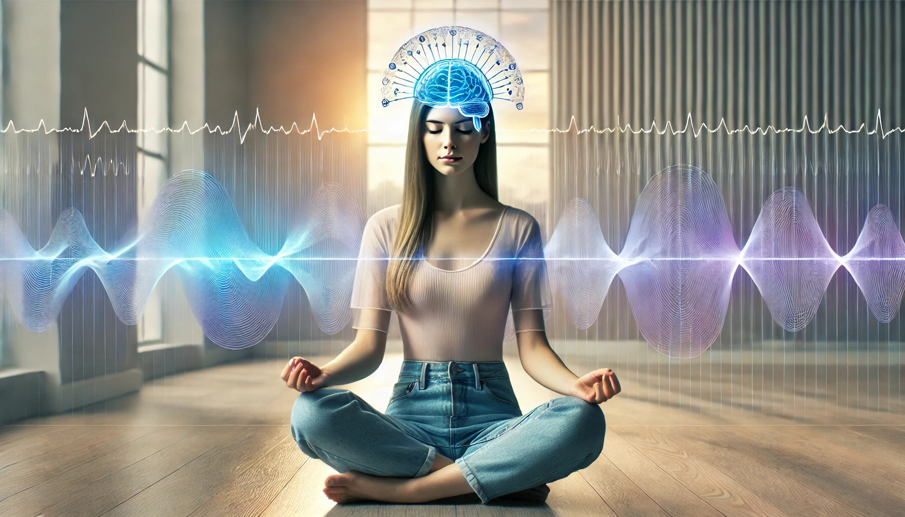 A young woman meditating with floating brainwave patterns around her head, symbolizing the effects of meditation on mental health