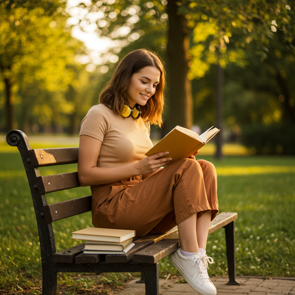A person engaged in brain-stimulating activities, such as reading a book, in a natural, peaceful environment.