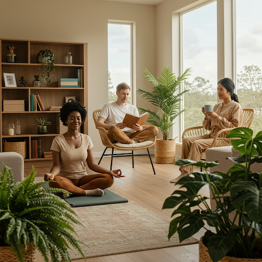 Diverse people practicing daily mental health self-care with meditation, reading, and tea in a cozy, bright room