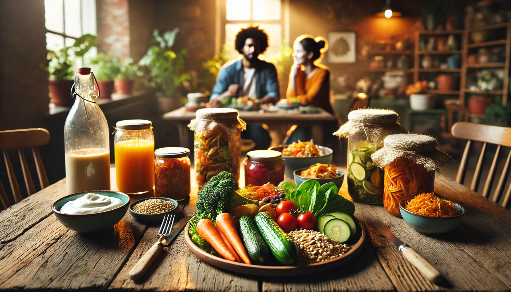 A vibrant table with fresh and fermented foods, including yogurt, kimchi, and grains, showcasing gut health and personalized nutrition