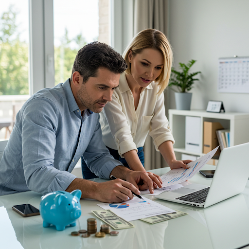 Man reviewing financial strategies to protect savings from inflation, with charts, cash, and investment reports on a desk.