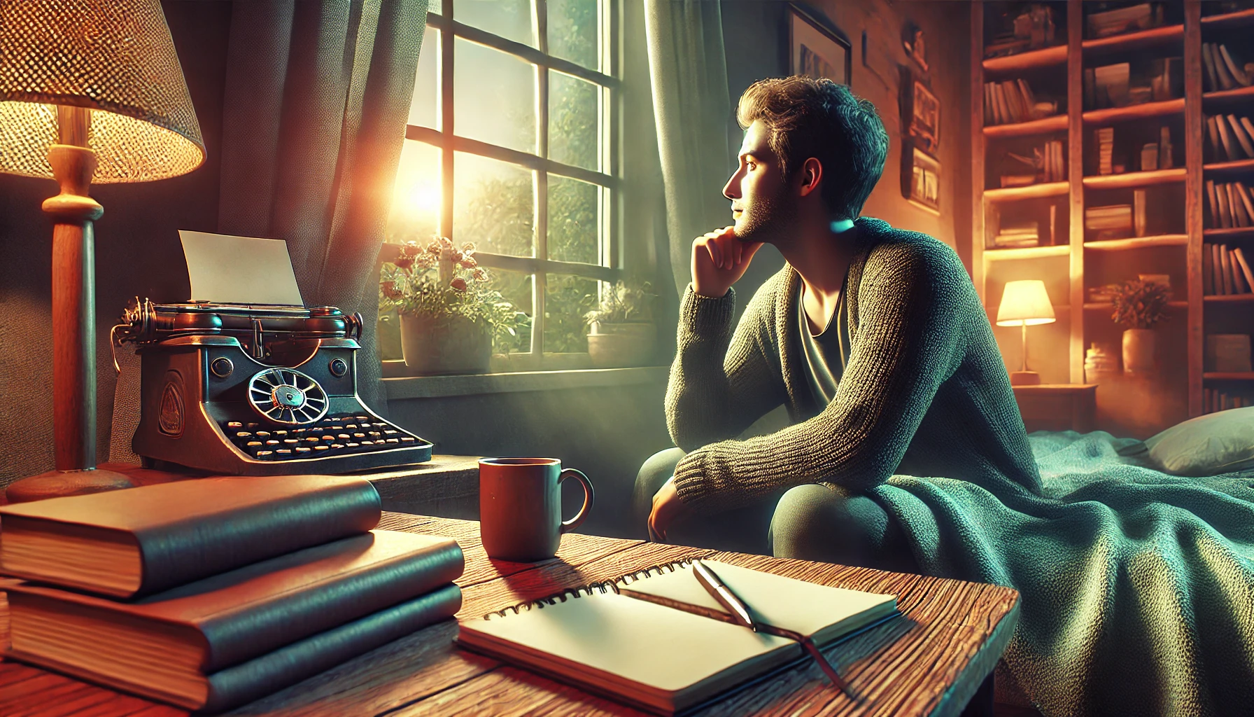 Thoughtful man looking out the window at sunrise, with a typewriter and notebook on the desk. Reflection, creativity, and mental balance