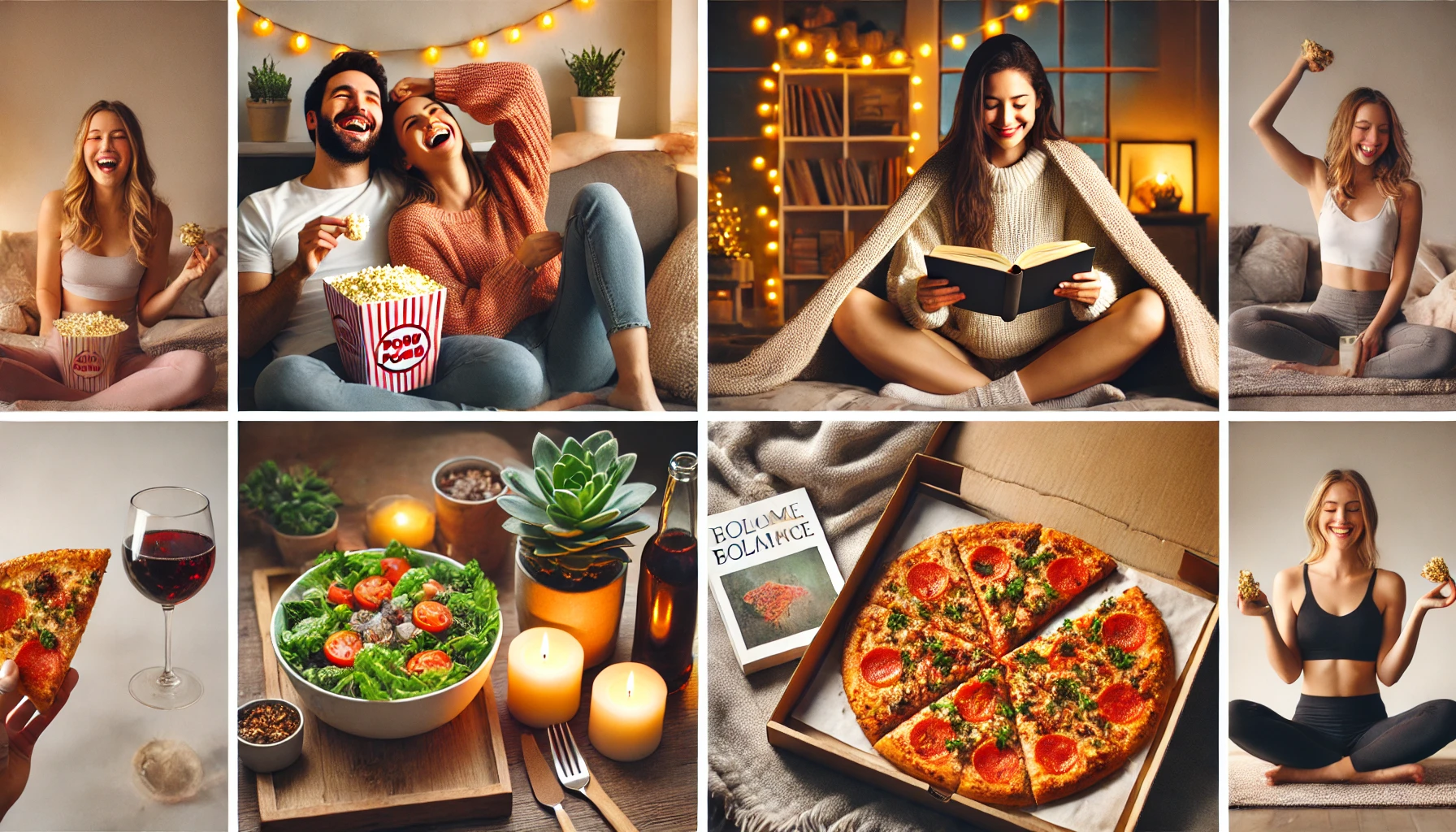 "A cozy collage of four lifestyle moments centered around relaxation and indulgence. The images depict people enjoying pizza, popcorn, and books in warm, ambient settings. A movie night with fairy lights, a peaceful reading session by the window, a study break with snacks, and a delicious pizza with candlelight create a harmonious balance between leisure and comfort