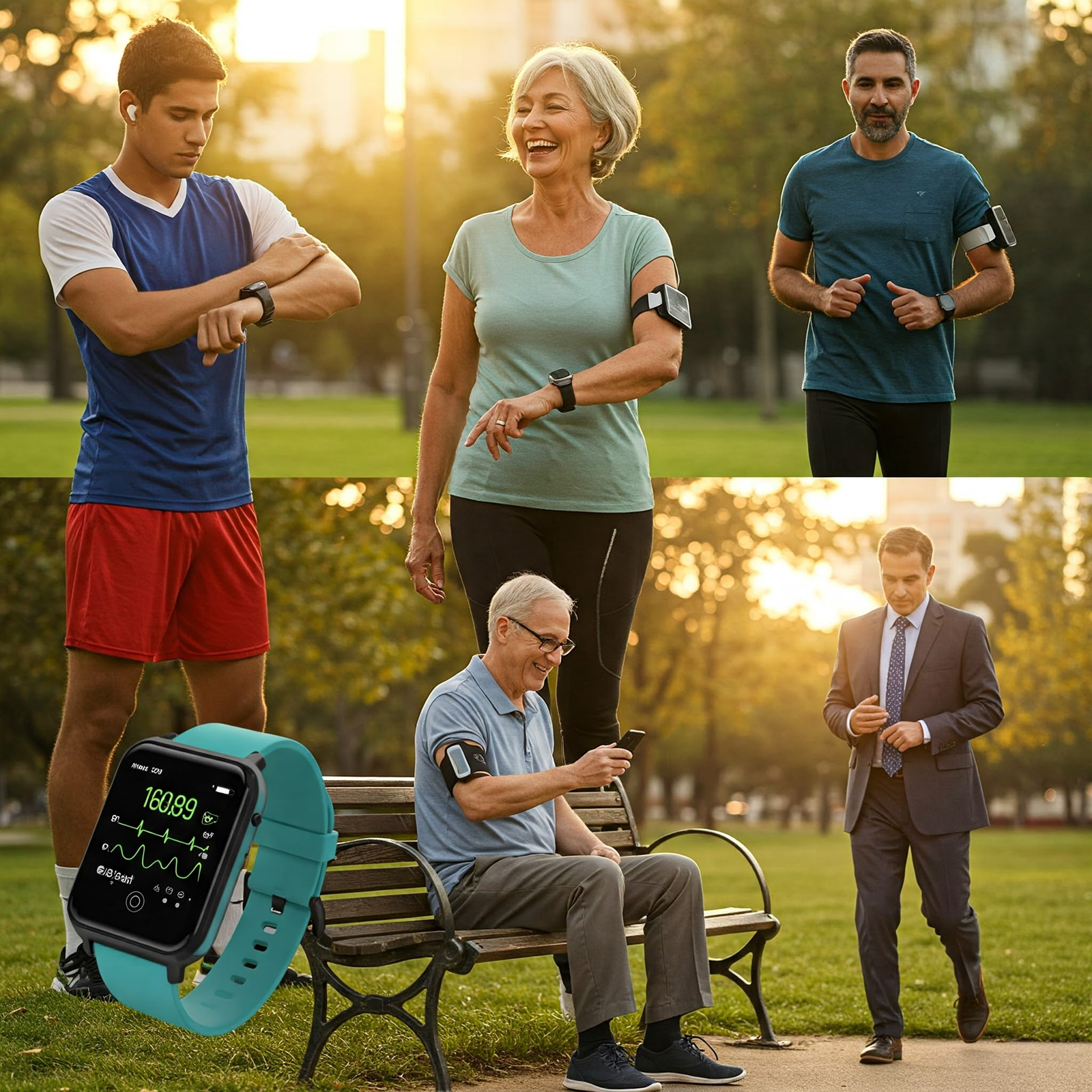 Diverse group using wearable health devices in a park, tracking heart rate, ECG, and fitness with smartwatches and wearables