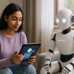 A diverse woman using an AI mental health support app on a tablet, with a friendly robot in a calm, modern living room.