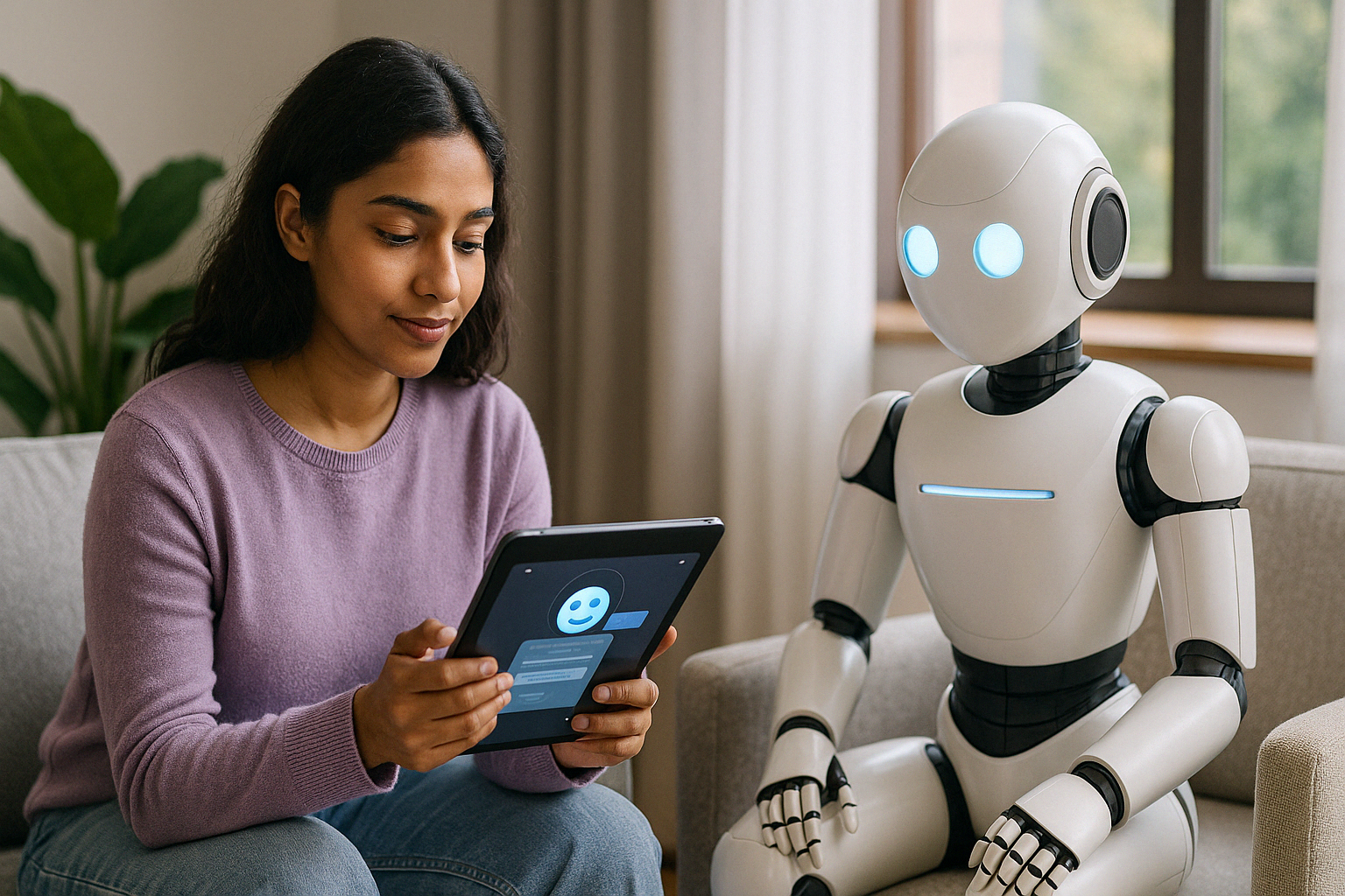 A diverse woman using an AI mental health support app on a tablet, with a friendly robot in a calm, modern living room.