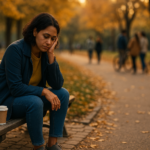 A lonely person sits on a park bench at sunset, symbolizing the loneliness epidemic in urban American life.