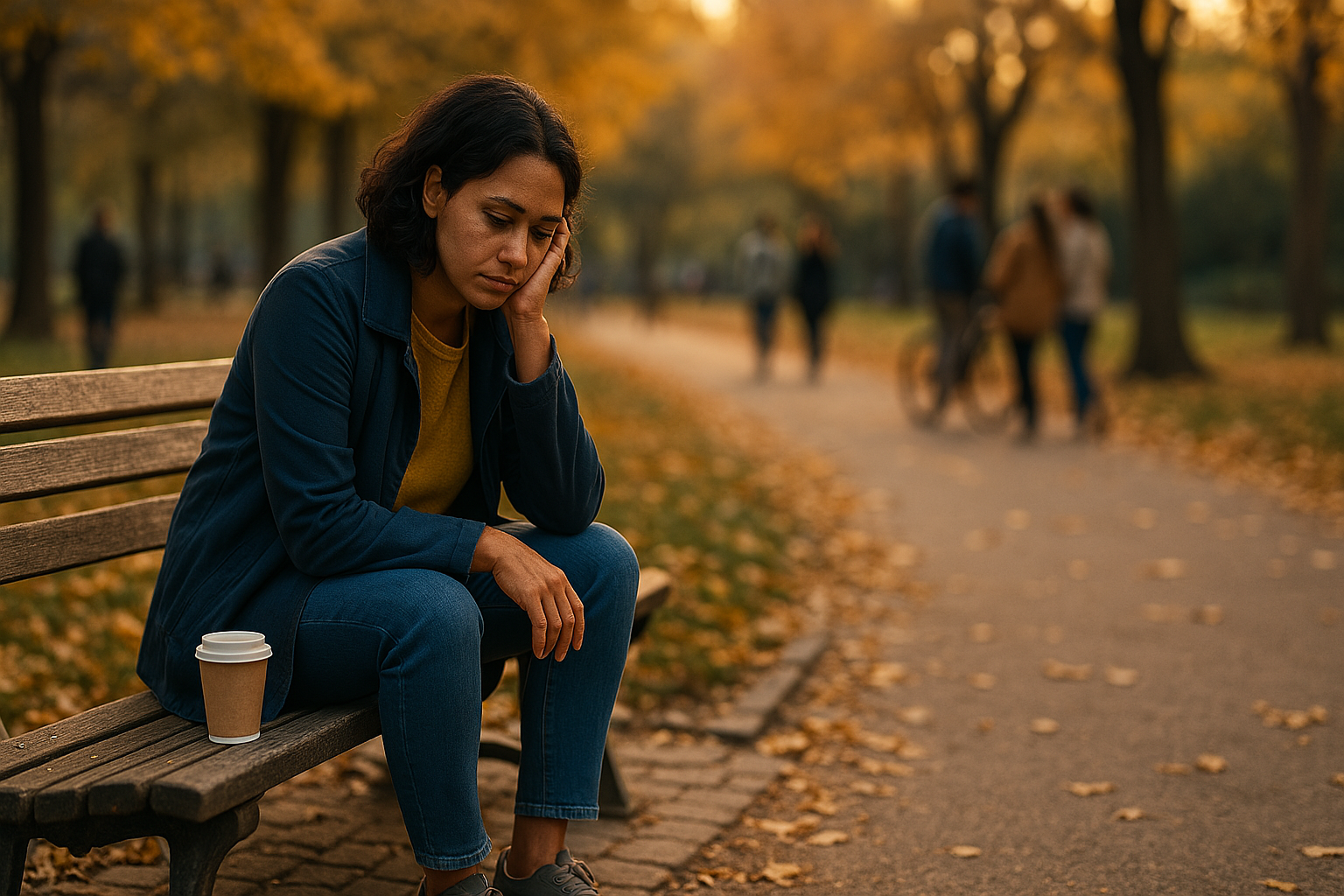 A lonely person sits on a park bench at sunset, symbolizing the loneliness epidemic in urban American life.